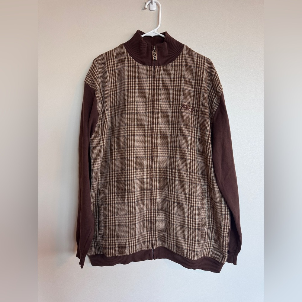 VTG Phat Farm Brown Plaid Wool Blend Full Zip Sweater Jacket Large Y2K Gorpcore